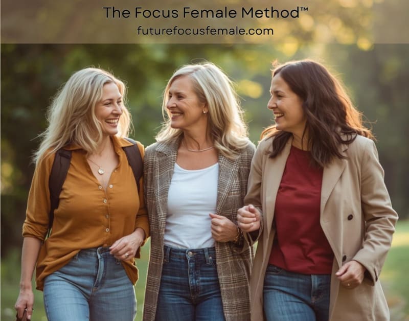 Three smiling women walking outdoors together