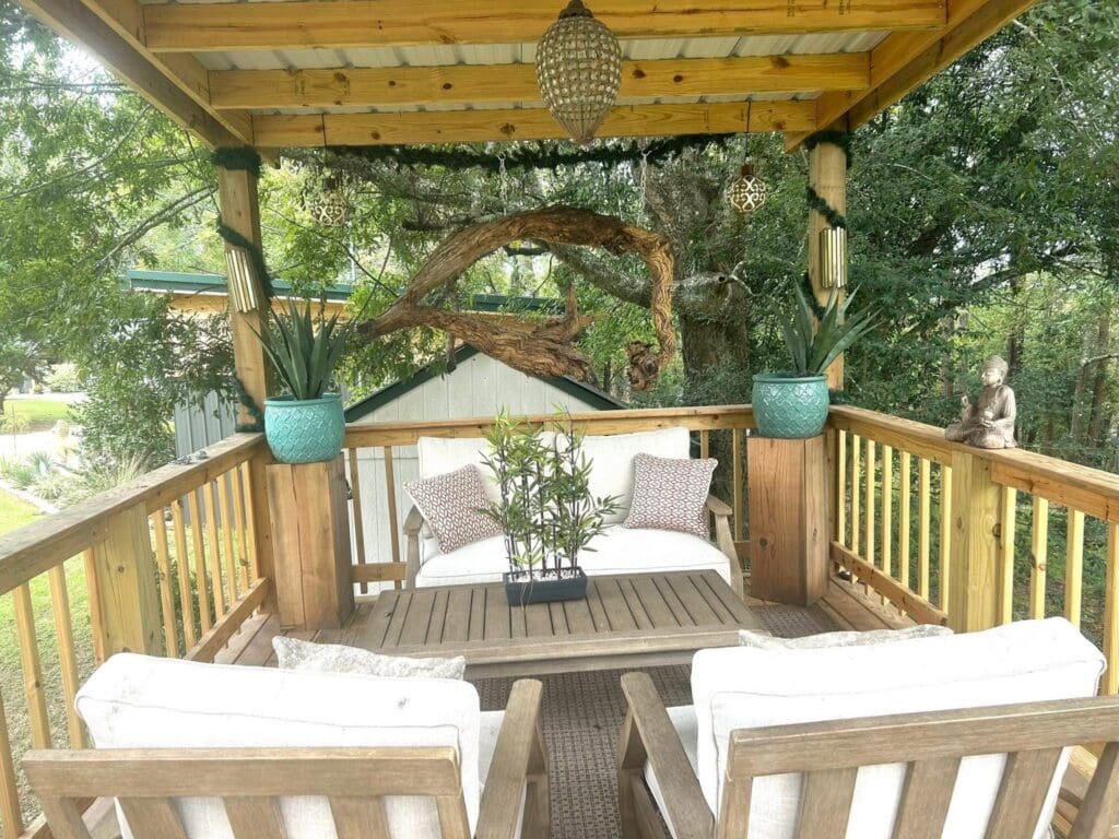 Covered deck seating at Golden Hill Retreat Center