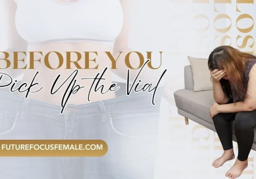 Woman sitting on couch, weight loss theme.